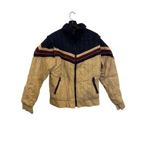 Vintage Alpine Ski Quilted Jacket Beige & Navy Colorblock Striped Design Medium